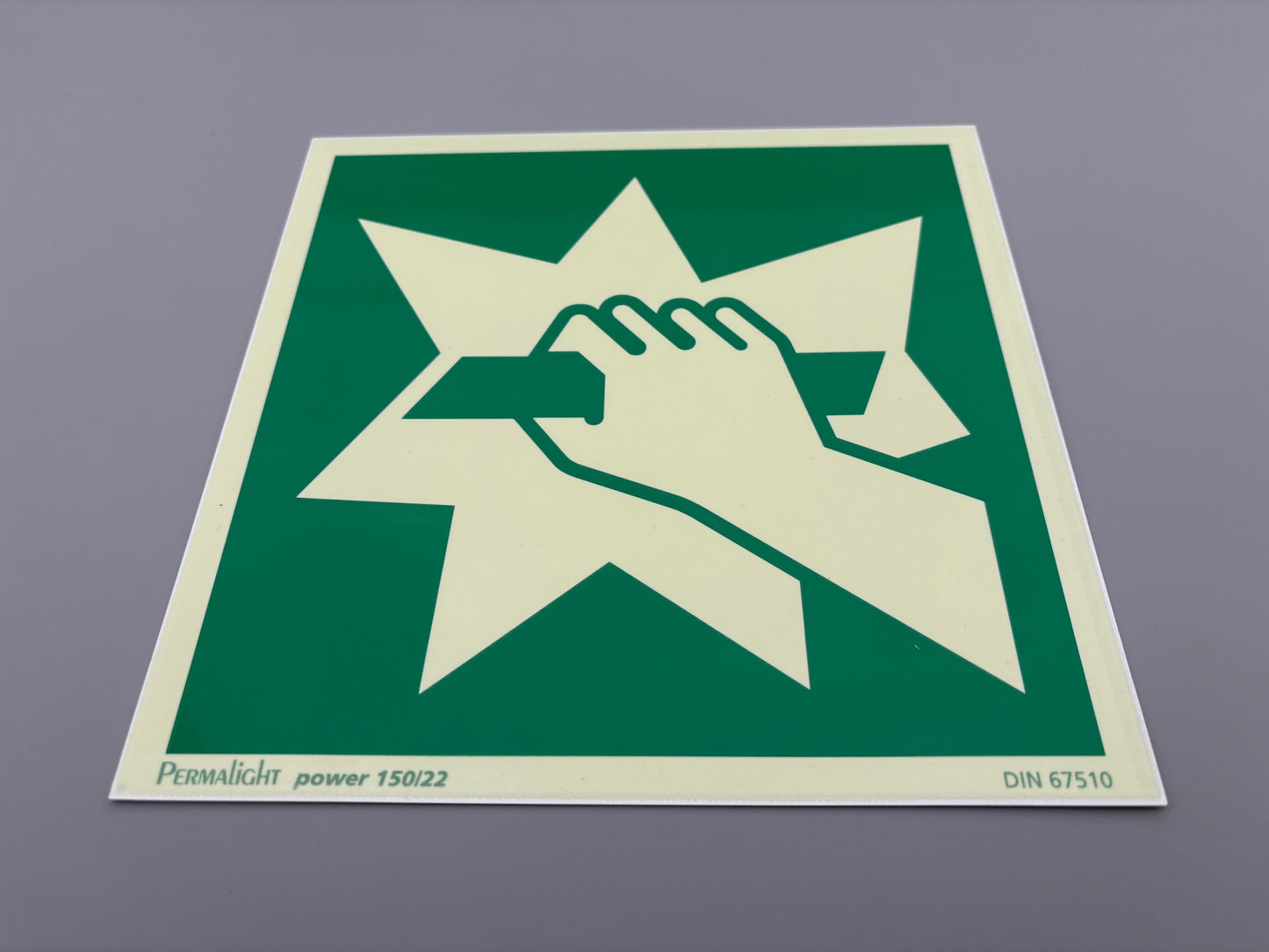 Fluchtwegschild Alu 200x200 Permalight power 150/22 "Notausgangsvorrichtung, die nach Zerschlagen einer Scheibe erreichbar ist"