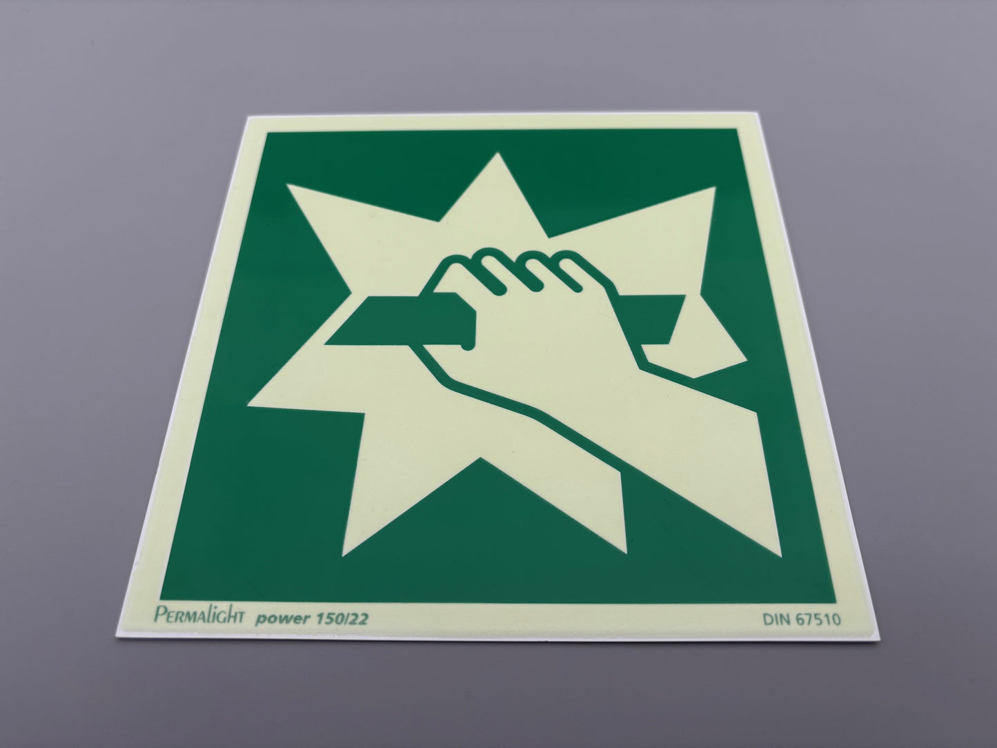 Fluchtwegschild Alu 150x150 Permalight power 150/22 "Notausgangsvorrichtung, die nach Zerschlagen einer Scheibe erreichbar ist"