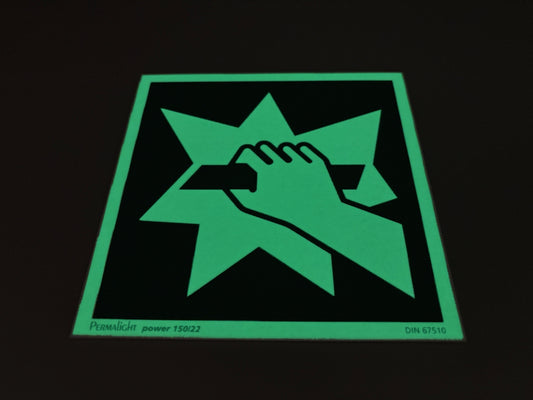 Fluchtwegschild Alu verschiedene Größen Permalight power 150/22 "Notausgangsvorrichtung, die nach Zerschlagen einer Scheibe erreichbar ist"