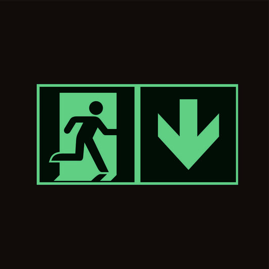 Fluchtwegschild Pfeil rechts abwärts nachleuchtend Alu 300x150mm