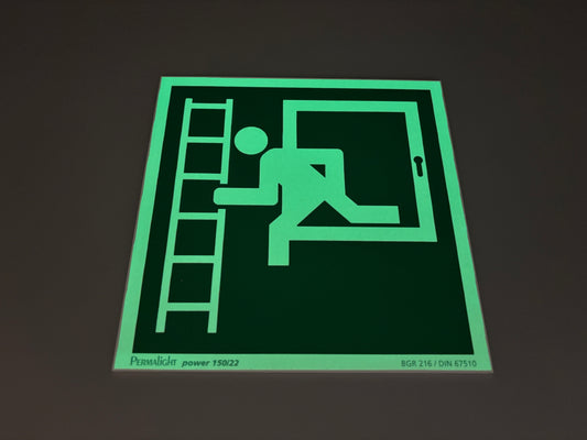Fluchtwegschild Alu 200x200 Permalight power 150/22 "Notausstieg über Fluchtleiter links"