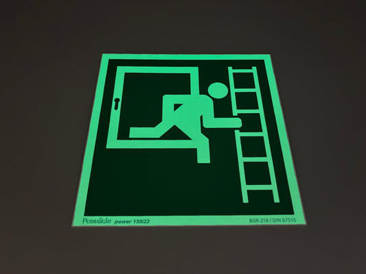 Fluchtwegschild Alu 200x200 Permalight power 150/22 "Notausstieg über Fluchtleiter rechts"