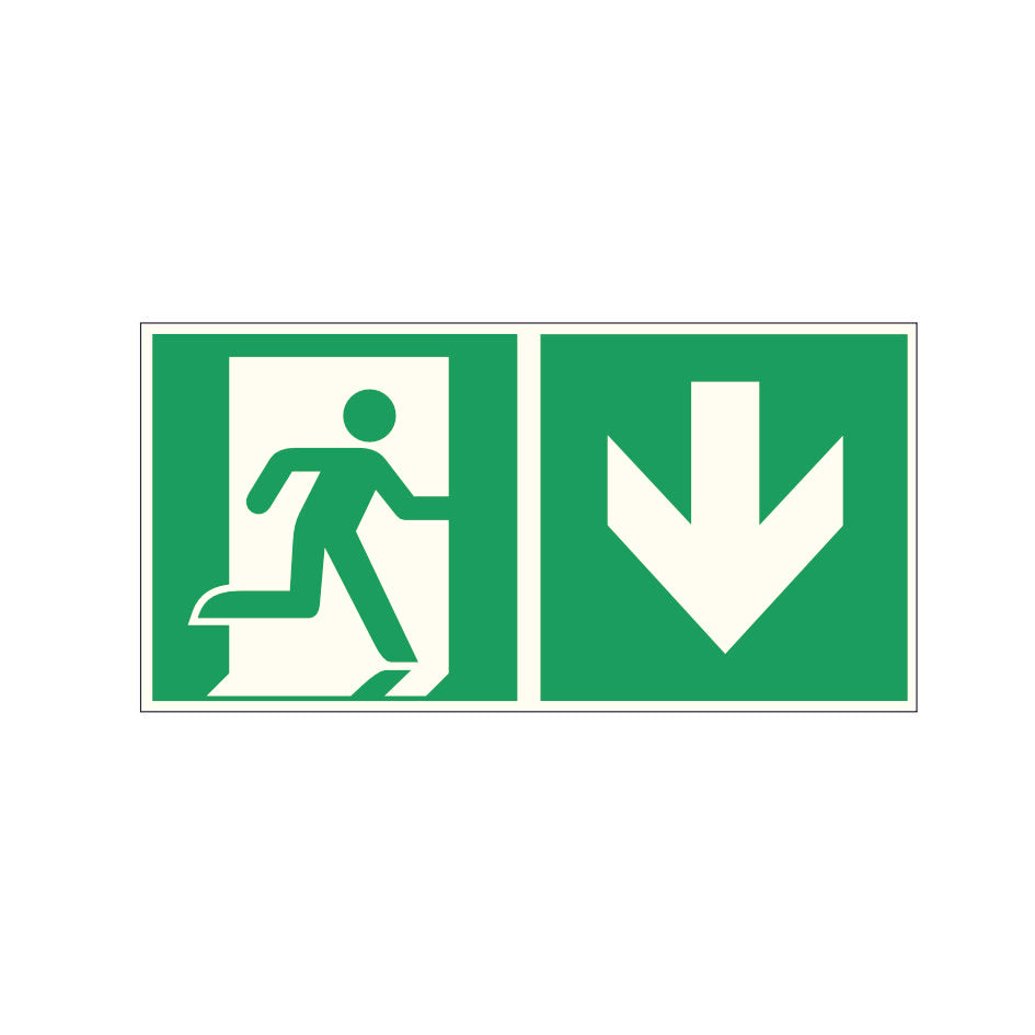 Fluchtwegschild Pfeil rechts abwärts nachleuchtend Alu 300x150mm
