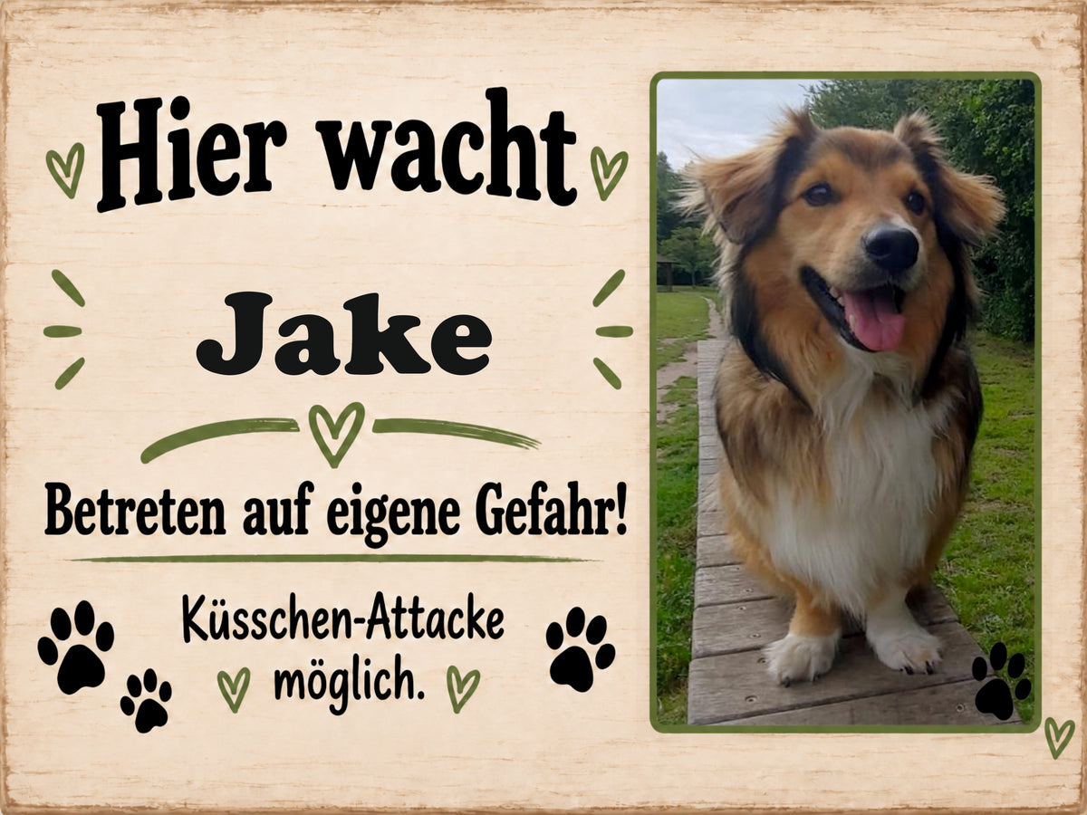 Personalisiertes Hundeschild Hier wacht mit eigenem Hundefoto und Name in verschiedenen Materialien