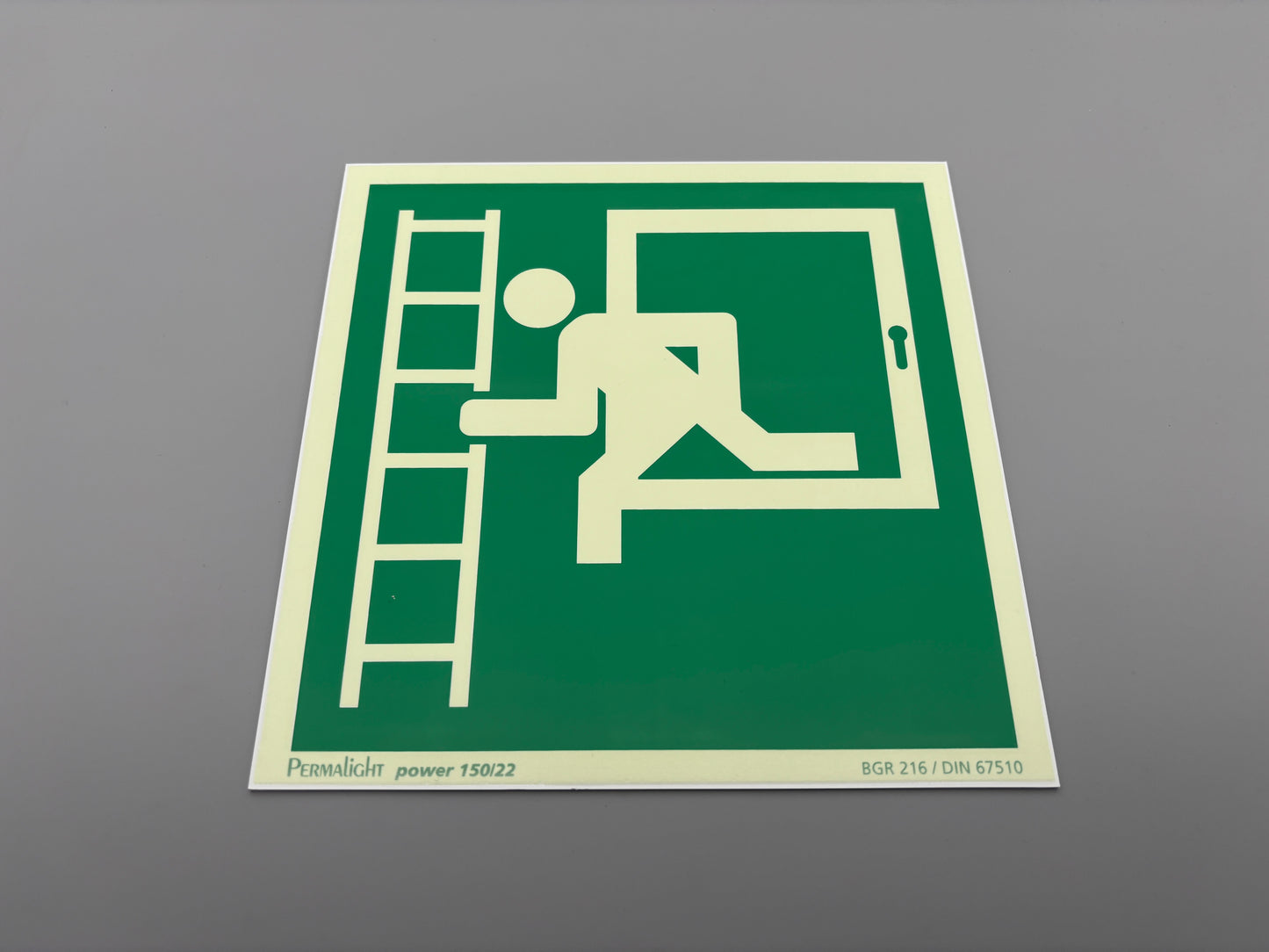 Fluchtwegschild Alu 200x200 Permalight power 150/22 "Notausstieg über Fluchtleiter links"