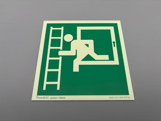 Fluchtwegschild Alu 200x200 Permalight power 150/22 "Notausstieg über Fluchtleiter links"