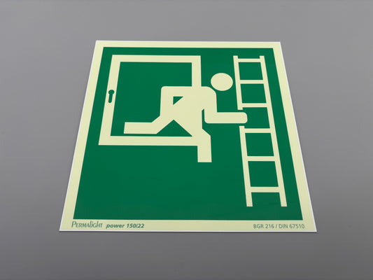 Fluchtwegschild Alu 200x200 Permalight power 150/22 "Notausstieg über Fluchtleiter rechts"