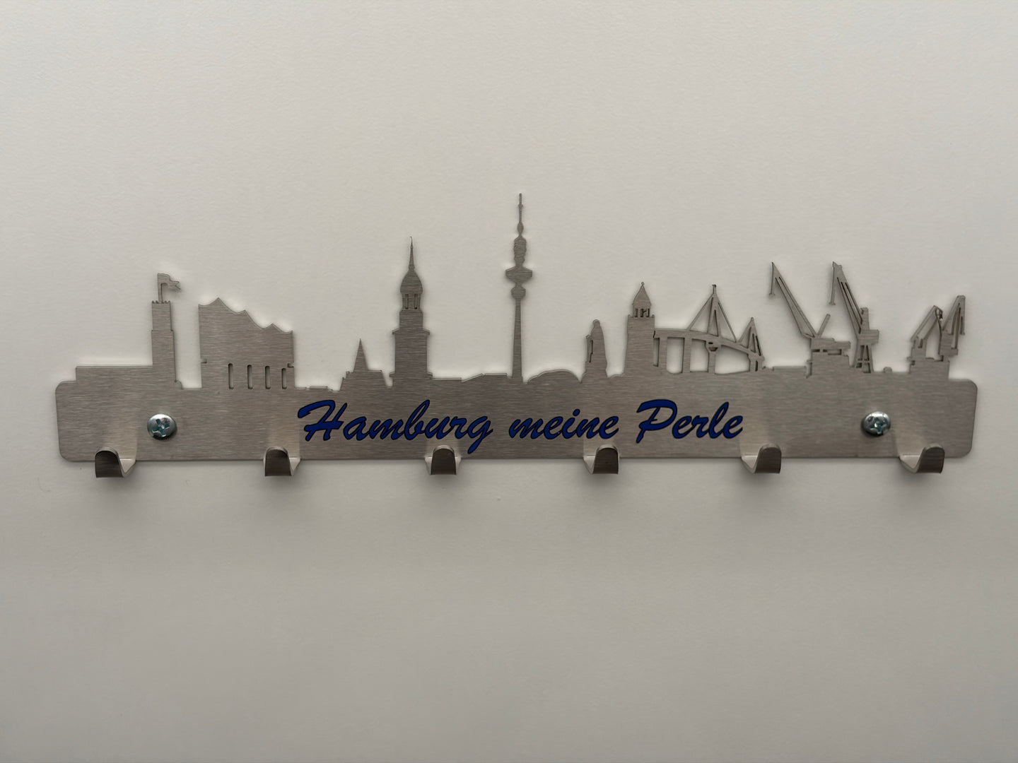 Schlüsselbrett Skyline Hamburg aus Edelstahl mit UV Aufdruck

