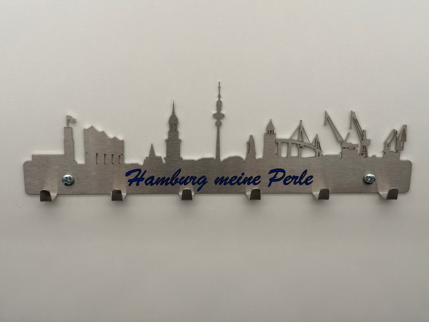 Schlüsselbrett Skyline Hamburg aus Edelstahl mit UV Aufdruck
