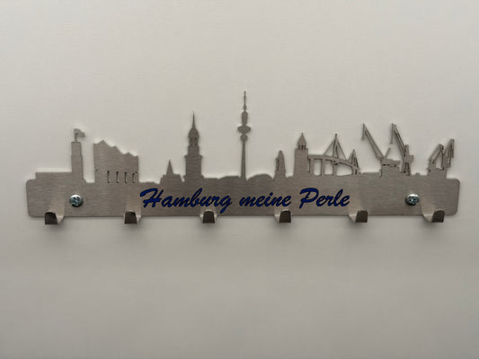 Schlüsselbrett Skyline Hamburg aus Edelstahl mit UV Aufdruck
