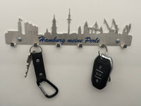 Schlüsselbrett Skyline Hamburg aus Metall mit UV Aufdruck und Schlüssel