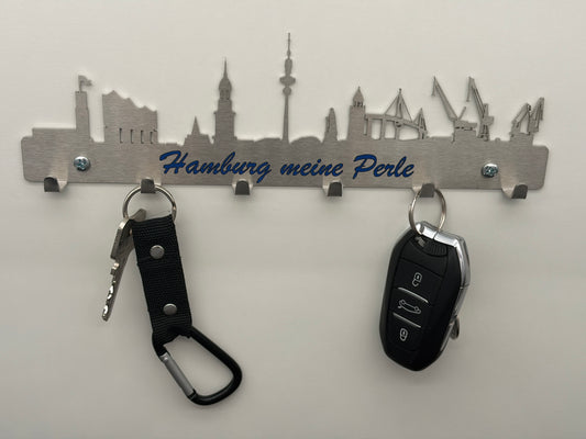 Schlüsselbrett Hamburg Skyline aus Edelstahl – „Hamburg meine Perle“ bedruckt