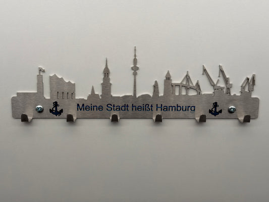 Schlüsselbrett Skyline Hamburg aus Edelstahl mit UV Aufdruck