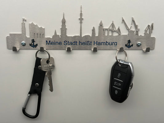 Schlüsselbrett Skyline Hamburg aus Edelstahl mit Aufdruck